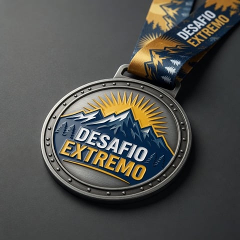 Medal with DESAFIO EXTREMO text, mountain and sun design, attached to a matching blue and gold ribbon
