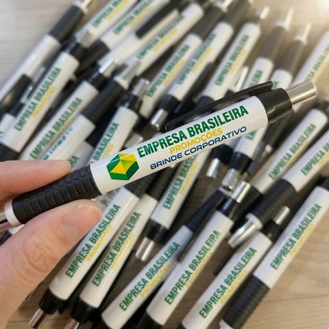 Hand holding branded pen with Empresa Brasileira logo among other identical pens in collection