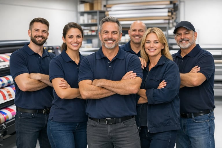 Six team members in navy blue uniforms standing with arms crossed, smiling at camera in an industrial workshop setting