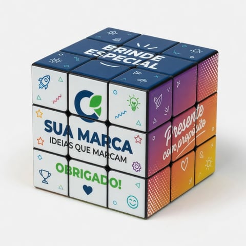 Customized Rubiks cube with Portuguese text and colorful branded design featuring company messaging