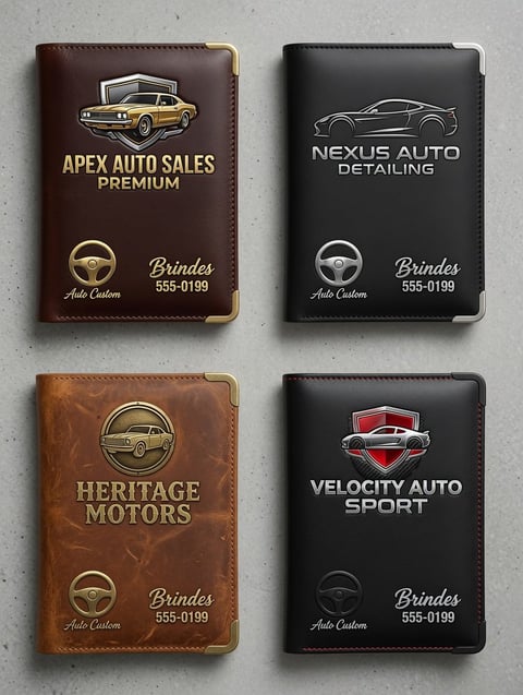 Four leather car-themed business card holders or wallets arranged in a grid, each featuring different auto company logos and branding designs