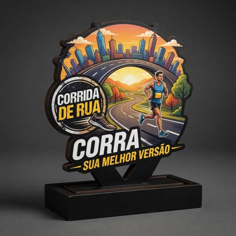 Colorful 3D trophy for Corrida de Rua running event with cityscape and jogger design on black base