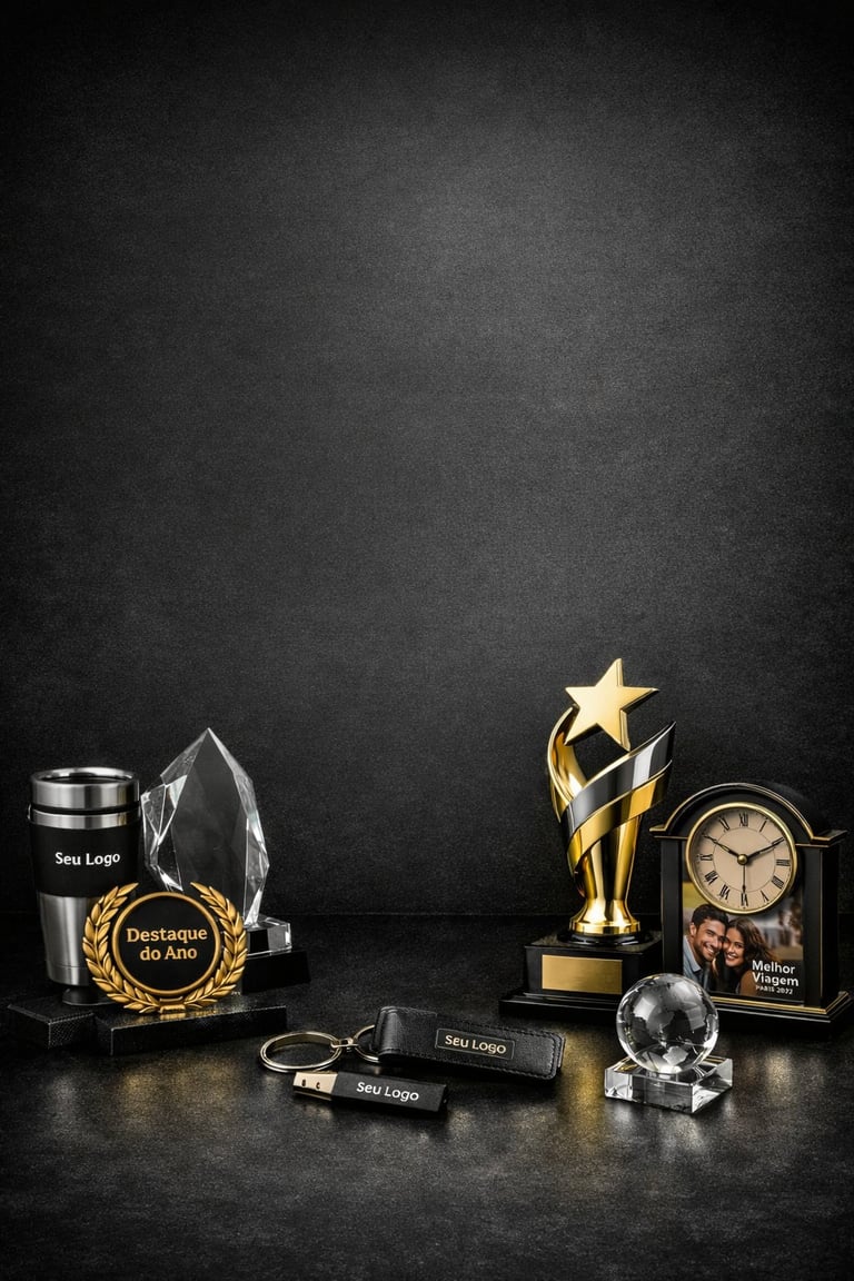 Brindes personalizados corporativos, troféus e premiação com acabamento premium