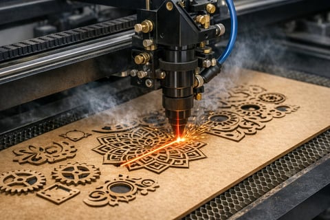 Laser engraver cutting intricate geometric patterns and gear designs into wooden material with a bright orange laser beam