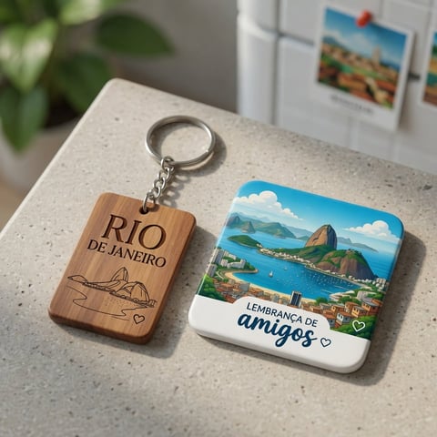 Two souvenir keychains on a stone surface: a wooden Rio de Janeiro keychain and a colorful Lembranca de Amigos scenic coastal keychain.