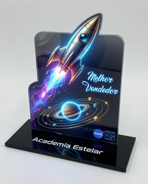 Neon-lit rocket and solar system display with Melhor Vendedor text and Academia Estelar branding on black stand