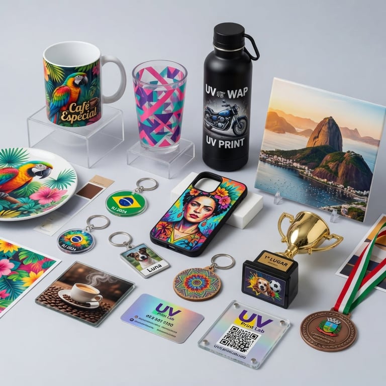 UV printing product showcase displaying colorful mugs, phone case, coasters, water bottle, photo print, keychain, medal, and promotional items on white background