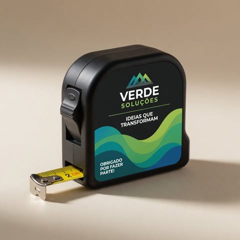 Black tape measure branded Verde Soluções with colorful wave design and Portuguese text on neutral background