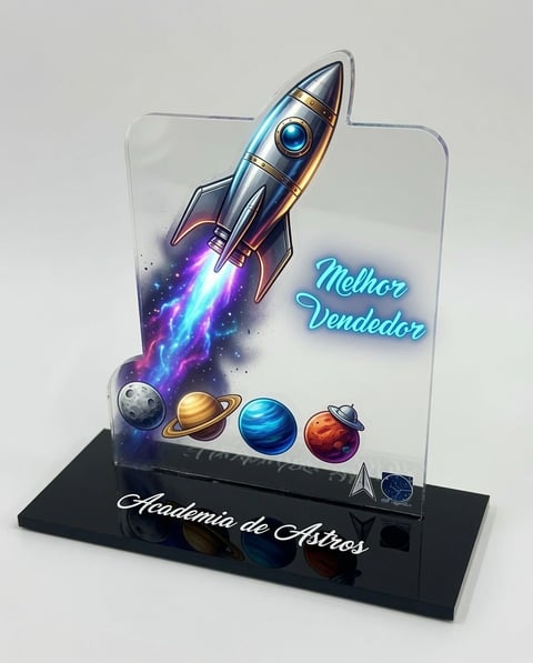 Acrylic space-themed award plaque with rocket ship, planets, and glowing effects on black base