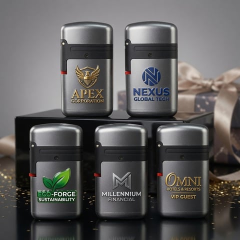 Five branded luxury lighter collection with metallic finish and company logos including Apex Corporation, Nexus Global Tech, Ecoforge Sustainability, Millennium Financial, and Omni Hotels and Resorts VIP Guest.