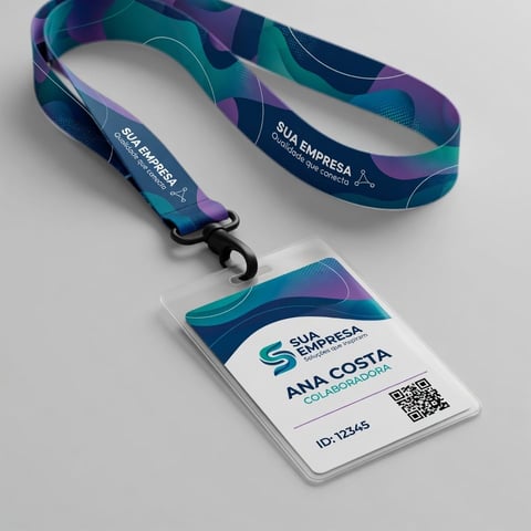 Colorful ID badge lanyard and holder featuring teal and purple wave design with employee name Ana Costa and QR code