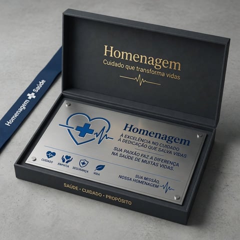 Black presentation box with Homenagem healthcare tribute card featuring heartbeat logo and Portuguese text about care and health