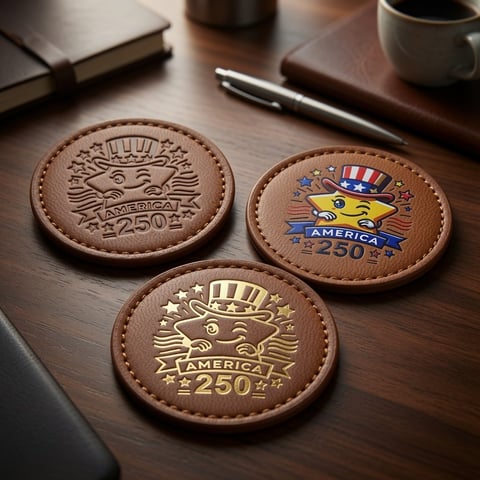Three brown leather coasters with embossed eagle designs and America 250 commemorative markings on a wooden desk.