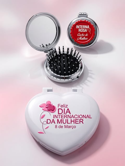Heart-shaped compact mirror and brush set with International Womens Day Portuguese text on pink background