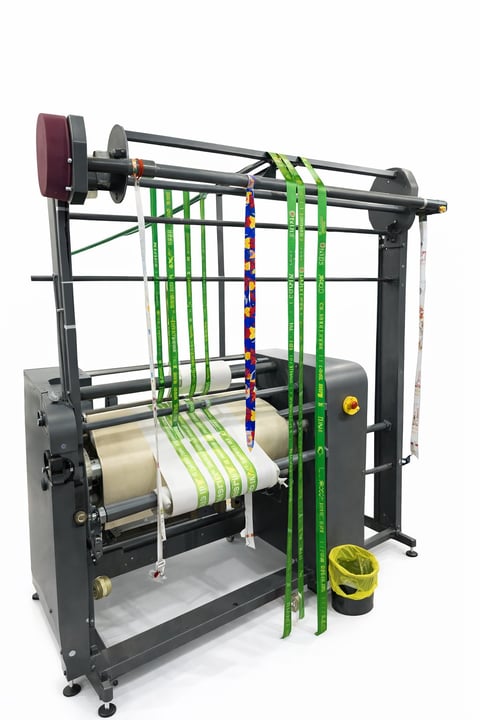 Industrial textile weaving machine with black frame, green threads, and rotating roller mechanism for fabric production