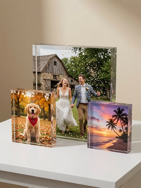 Three acrylic photo blocks displayed on a white surface showing images of a golden retriever, a couple in wedding attire, and a tropical sunset